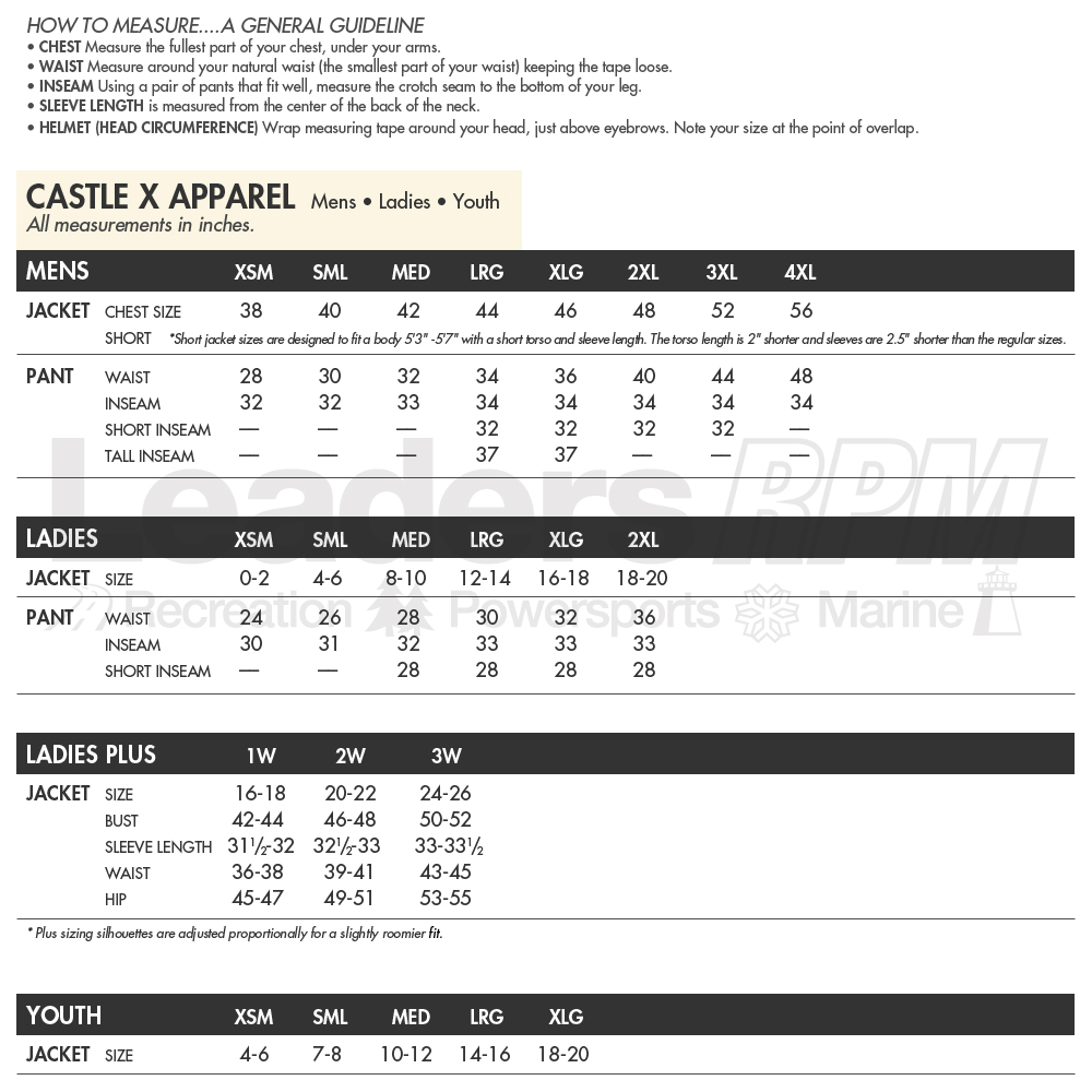 Castle X Size Chart