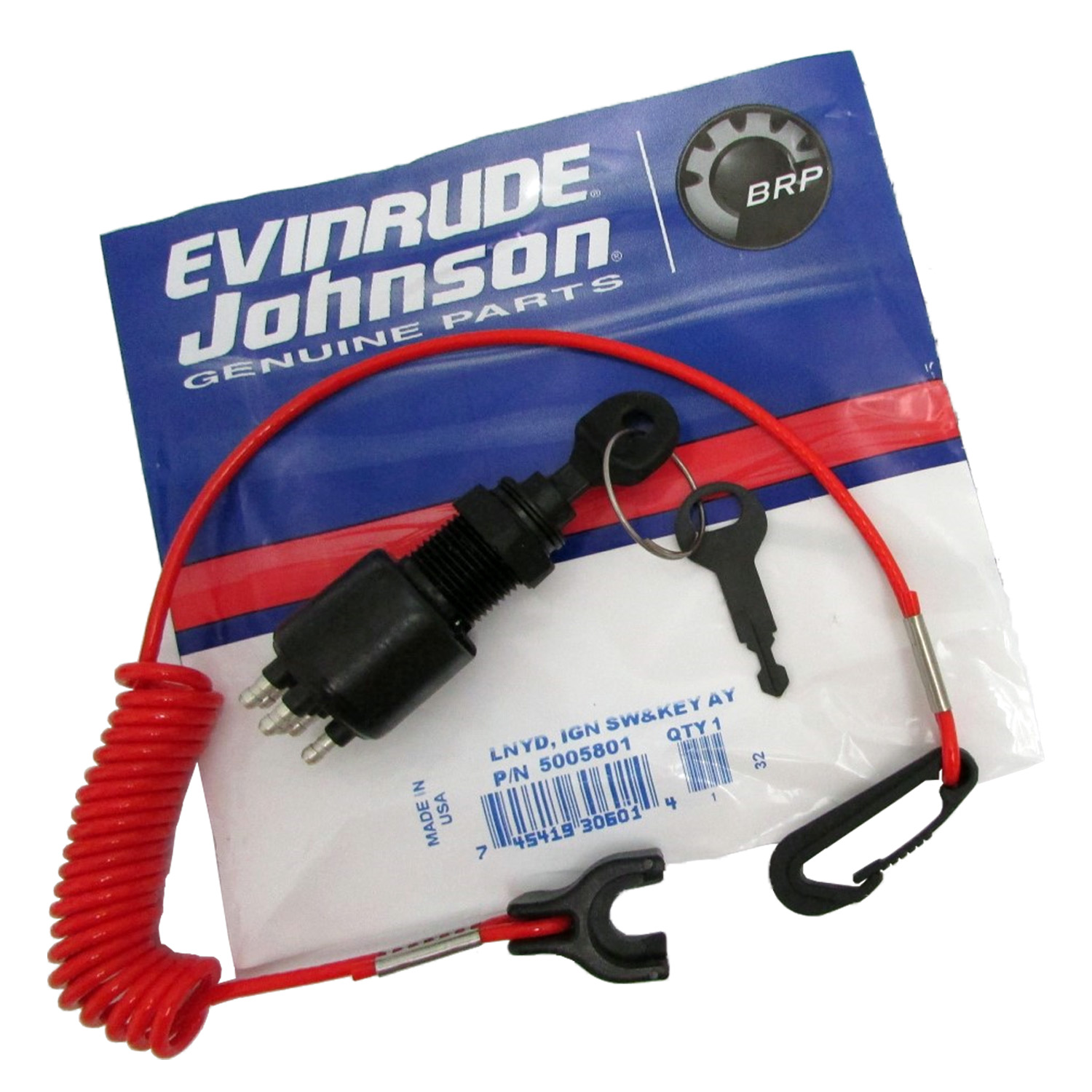 Evinrude/Johnson/BRP New OEM Ignition Key Switch & Safety Lanyard