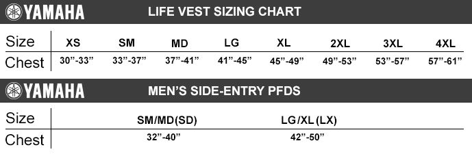 Yamaha Life Jacket Size Chart